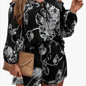 Floerns womens set off shoulder black and white outfits 0XL, 2-piece short set
